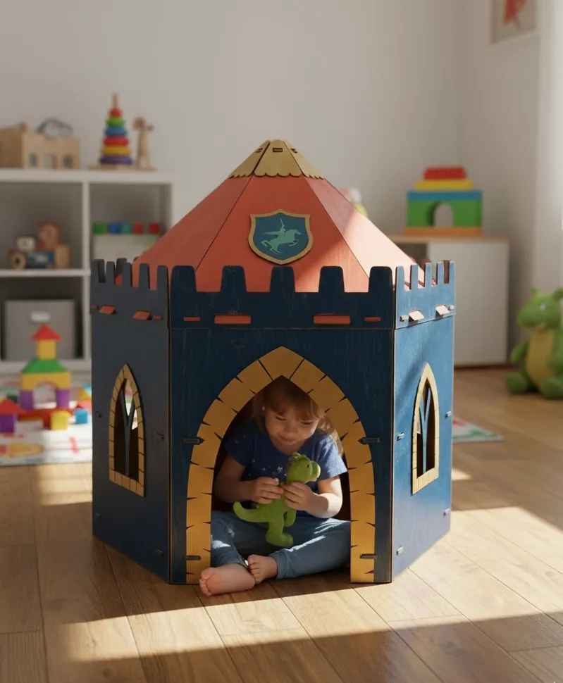 A child cuddling a green toy inside a wooden NimoPlay castle